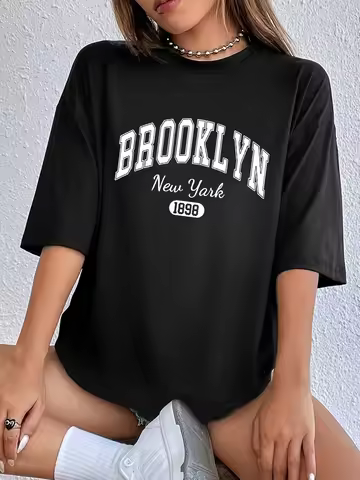 Brooklyn New York 1989 Alphabetic Print Short Sleeve Plus Size TShirt Crew Neck Pullover with Medium