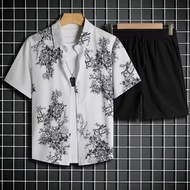 2025 Summer Men's Short Sleeve Shirt Set Loose Fit Printed Shirt Jacket Trendy Vacation Style 2-Piec