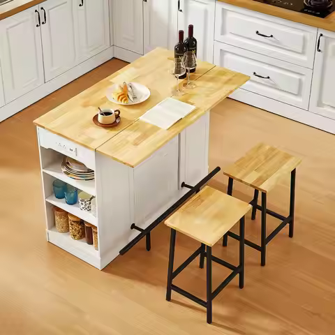 Stationary Kitchen Islands with 2 Chairs, 47" Rolling Kitchen Island with Drop Leaf, Home Bar Table
