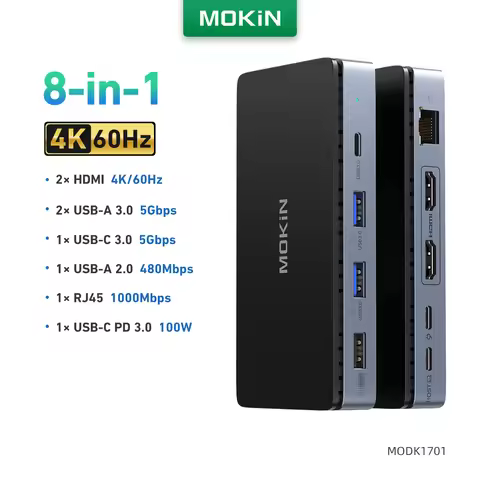 MOKiN 8 in 1 USB C Hub Docking Station USB C to Dual 4K HDMI Adapter with 3 USB 3.0, Ethernet, 100W 