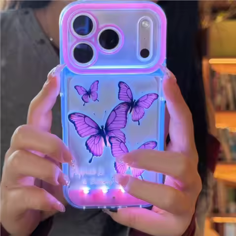 Change Color Luminous Call Light Up Purple Butterfly Pattern Phone Case For iPhone 16 15 13 12 11 14