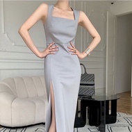 Lady MADE Kloset เดรสยาวสีเทา เดรสคอเหลี่ยม เดรสออกงานทรงสวยมาก LT002