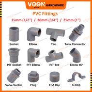 VOON PVC Pipe Fitting 1/2” 3/4” 1” PVC Socket Elbow Tee Valve Plug End Cap U-Clip Inch Plastik Paip 