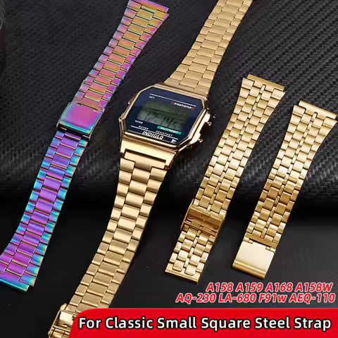 Stainless Steel Watchband For Casio A158 A159 A168 A158W f91w LA-680 AEQ-110 Gold Square Men's women