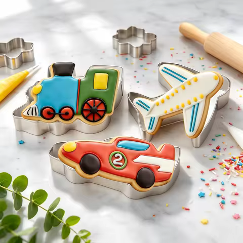 3PCS Cookie Cutter Set Food Grade Stainless Steel Airplane Car Train Shaped Molds for Fondant Tart P