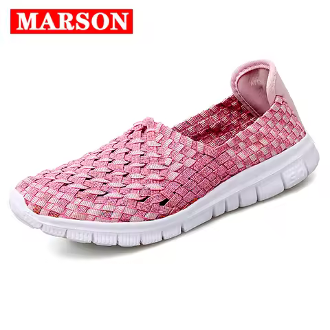 MARSON Women's Flats Female Casual Shoes Woman Sneakers Ladies Jogging Shoe Weave Breathable Walking