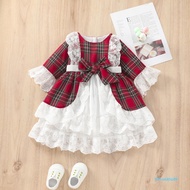 Kid Girl Dress  3/4 Sleeve Round Neck Plaid Print Ruffle Lace High Waist Fall Red Dress