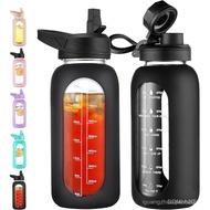 CIVAGO 32oz Glass Water Bottle with Straw and Stand，Large Sports Motivational Water Bottle with Time