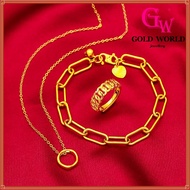 GW Korean Accessories Jewellery Emas 916 Bangkok Women's Gold Plated Twist Ring Geometric Bracelet Hoop Necklace Three Piece Set