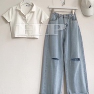 Polo Crop Top Set + Ripped Wide Leg Jeans 2 Knees Hot Hit Y747
