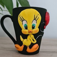 Tweety Looney Tunes On a Black Coffee Mug Handmade with Polymer Clay