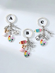 1 Pc Unisex Metal Retro Drawing Board Keychain With Pen Holder, Ruler, Pencil, Compass, Notebook, Te