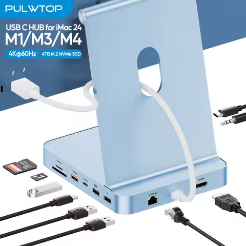PULWTOP Upgraded 11 in 1 USB C Hub for iMac 24 inch USB Hub M1 M3 M4, Support M.2 SSD, 4K HDMI, Ethe