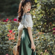 Mili French Pastoral Art Retro 80s vintage Classy Suit Sling Skirt Short Sleeve+High Waist Half Skir