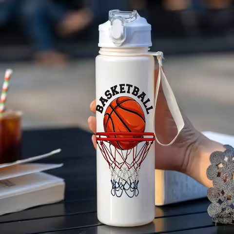 1 Piece 750ml (26 fl oz) Basketball Printed Straw Cup, Summer Water Bottle, BPA Free, Portable Sport