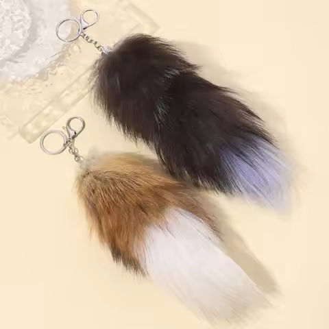 New Cute Fox Tail Keychain Simple and Versatile Yellow and Black Double Pack Plush Tail Pendant Whol