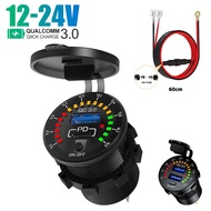 Car Fast Charger 18W QC3.0 Dual USB and PD Port  LED Voltmeter Socket With ON OFF Switch 12V-24V for