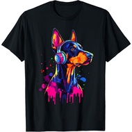 Doberman Lover Pop Art Wearing Headphones Funny Doberman T-Shirt