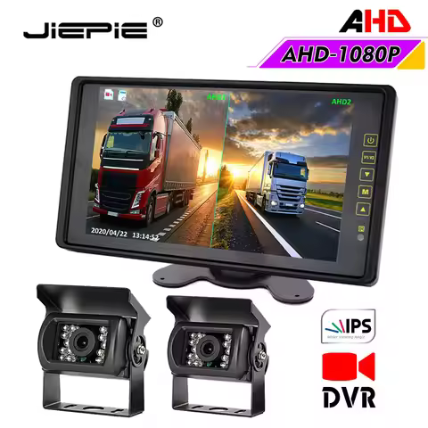 JIEPIE AHD Reversing Rear View Camera Kit,9 inch Split DVR Recorder Monitor with 1080P AHD Rear View