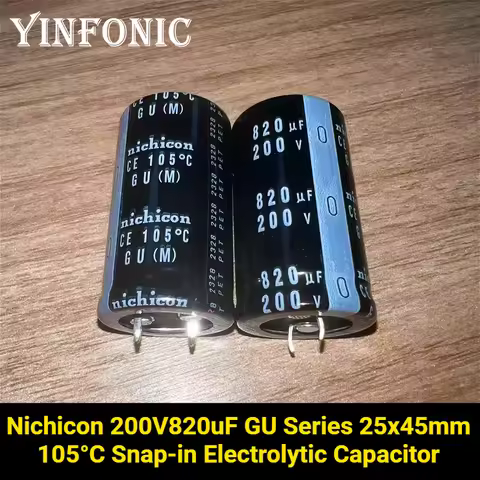 2Pcs/Lot Nichicon 200V820uF GU Series 25x45mm 820uF/200V 105°C Snap-in Electrolytic Capacitor