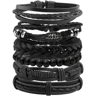 Mens Bracelet Braided Leather Punk Rock Cuff Bracelets Wrap Bracelet for Men Women Black