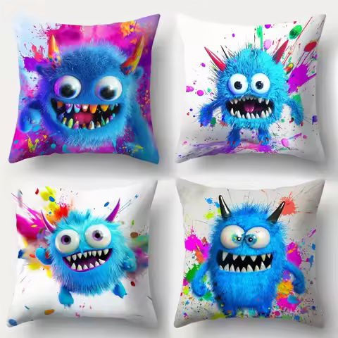 Cute Monster Style Pillow Covers Adorable Blue Creature with Watercolor Splatter Print Cushion Cases