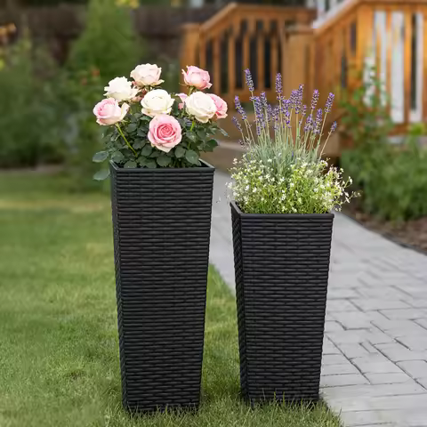 2PCS 32 Inch Tall Planter Resin Rattan Texture Modern Rectangular Tall Plant Pot with Removable Inne