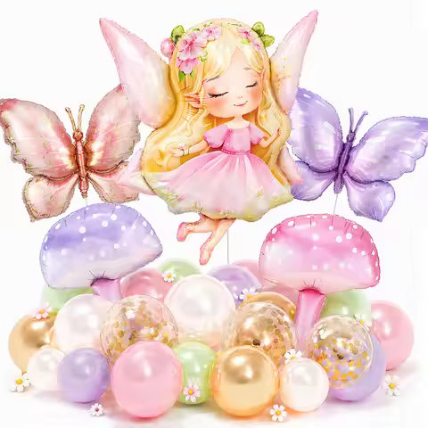 20/28Pcs Fairy Theme Balloon Set Pink Purple Fairy Butterfly Mushroom Foil Balloon Girl Birthday Fai