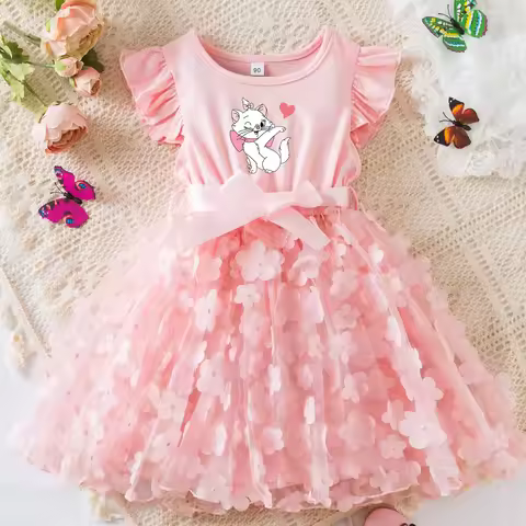 The Aristocats Marie Cat Summer Dress for Kid's Casual Clothes 3D Butterfly Cute Baby Girls Princess