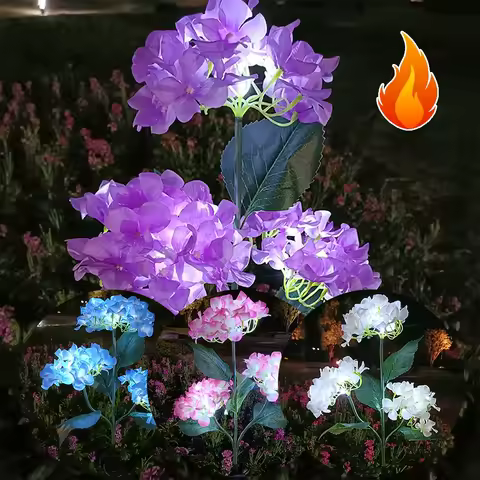 3 Heads Hydrangea Rose Flower Solar LED Light Outdoor Waterproof Landscape Lamp Simulation Flower La