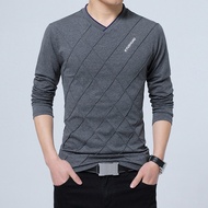 5 Color 5XL Tshirt Men Dark Grey Color Cotton Argyle Pattern V-neck Long Sleeve Slim Tees
