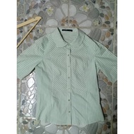 A6t304 (January 1) Women's Green And White Striped Shirt With Lotus Collar Three-Quarter Sleeves Bra