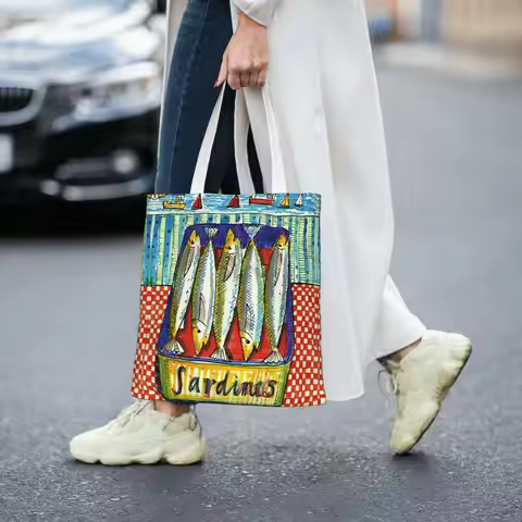Vibrant Sardine & Lighthouse Design, Ideal for Daily Shopping, Everyday Tote Bag|Vibrant Print Bag