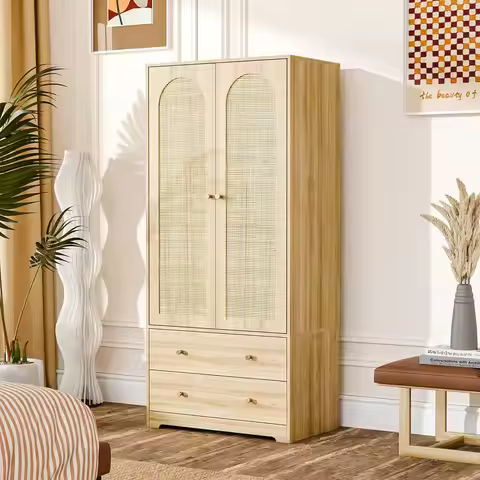 Wardrobe Closet with Doors, Rattan Armoire Wardrobe Closet with Drawers amp Hanging Rod, Wooden Armo