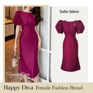 Happy Diva Womens Red Satin Straight Midi Dress Puff Sleeves Noble Slim Waist Prom Dinner Graduation