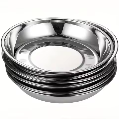 Patterned Deep Metal Camping Plates, 5pieces Stainless Steel plate, Reusable Serving Snack Eating Sa
