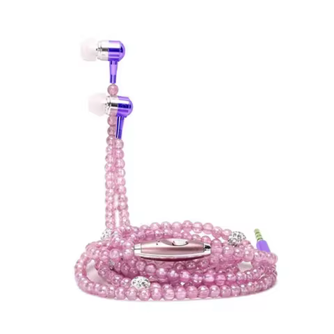 New Pink rhinestone Jewelry Pearl Necklace Earphones With Microphone Earbuds for iphone Xiaomi Brith