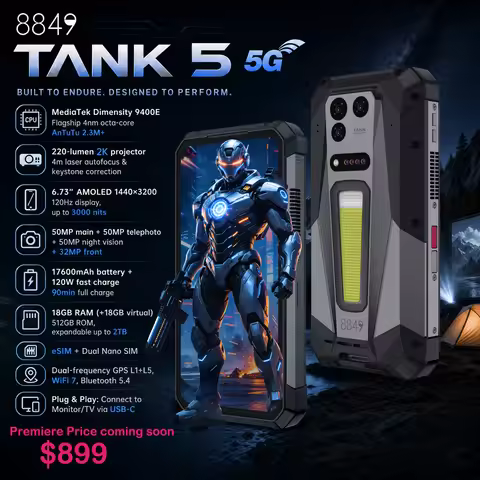 8849 TANK 5 Unihertz 2K Projector Rugged Smartphone eSIM Dimensity 9400e 3K AMOLED 17600mAh 220Lumen