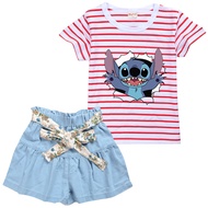 Stitchs BowKnot Short Jeans and Tops Cartoon Summer GirlBaBy Skort T-shirt Set for Kids Girls Kid's Clothing Short Sleeve Cotton + Polyester 2-15 Yrs 0000