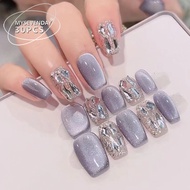 Xiaohongshu Azure Cat's Eye Wearing Nail Feel Pure Handmade Strobe Rhinestone Manicure Nail Patch We