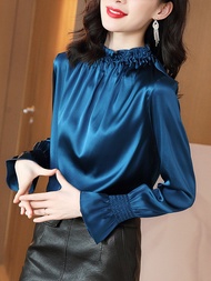 (Cle)  Alisa Sonya เสื้อเบลาส์เสื้อเชิ้ตผ้าไหมเป็นทางการขนาดใหญ่ราตรีแขนยาวแต่งระบายคอปกเข้ารูปเสื้อ