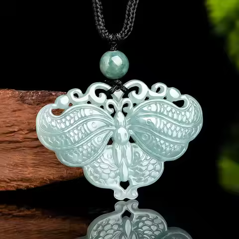 Natural A Cargo Emerald Blue Water Butterfly Double -sided Carving Pendant Glutinous Jade Pendant Wo
