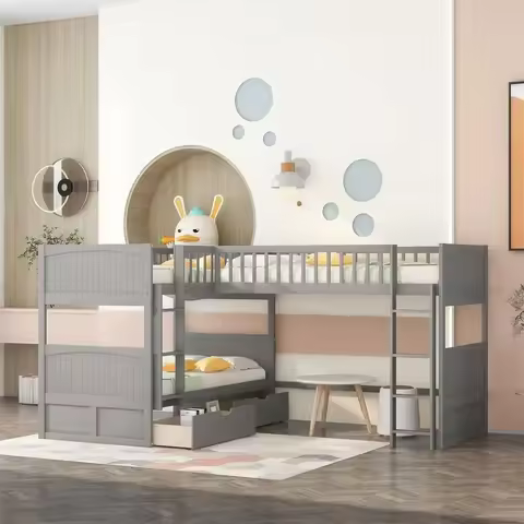 Triple Bunk Beds, L-Shaped, 3-in-1 with Desks, Twin Over Twin, Storage Solutions for Kids, Teens, Ad