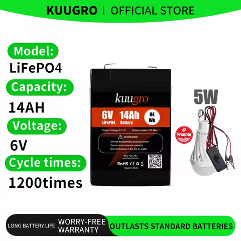 Kuugro 6V 7Ah 14Ah LiFePO4 Rechargeable Battery with BMS Replace 6V Lead-acid Battery for Emergency 