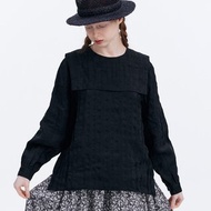 黑色暗紋提花麻混紡長袖減齡襯衫海軍領罩衫