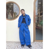 Jacket cobalt blue boxy leather with white trim + KELSHOPn wide zip cobalt blue leather pants