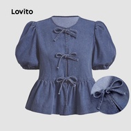 Lovito Casual Denim Top Bow Tie Back Spring/summer Navy Blue Denim Top for Women L144AD017 Lovito To