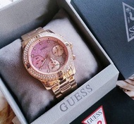 正品GUESS新款手錶(W0774L3)玫瑰金晶鑽石英女生三眼計時時尚腕錶38mm