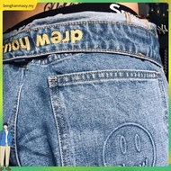 Drew house Justin Bieber smiley patch hole loose straight wide leg jeans men