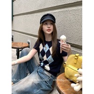 Women Navy Argyle Knit Top Color Block Diamond Pattern Short Sleeve Tee

